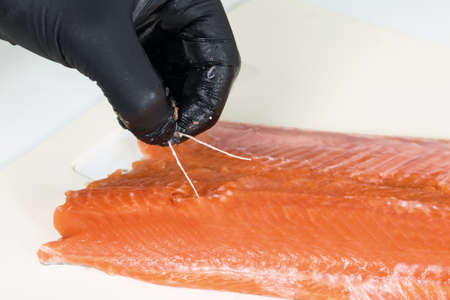 a chef's hand in a rubber glove pulls out small bones from a red fish filletの写真素材