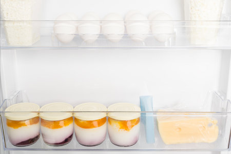 eggs and yoghurts are on the shelves in the refrigerator door, close-up viewの写真素材