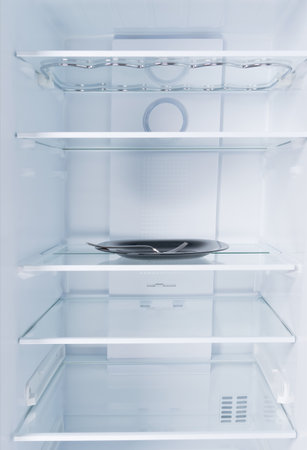against the background of a white refrigerator, on a glass shelf there is a black plate with a forkの写真素材