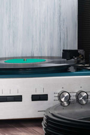 old vinyl record player, background, close-upの写真素材