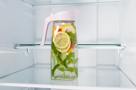 a jug of refreshing lemonade stands on a shelf in an empty refrigeratorの写真素材