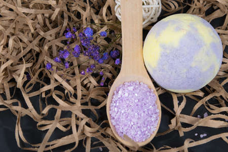 items for taking a bath and a mineral ball for spa treatmentsの写真素材