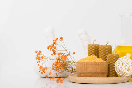 set of spa treatments and relaxing baths on a light backgroundの写真素材
