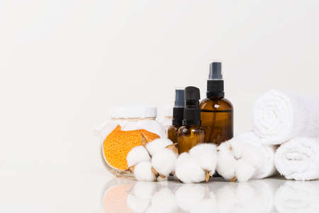 cosmetic products for spa treatments for face and body on a light backgroundの写真素材