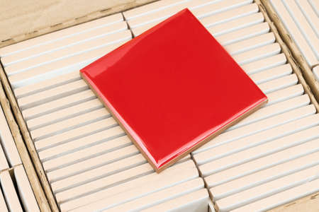 box with ceramic red tiles, top view, close-upの写真素材