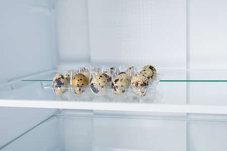 quail eggs on a shelf in an empty refrigeratorの写真素材