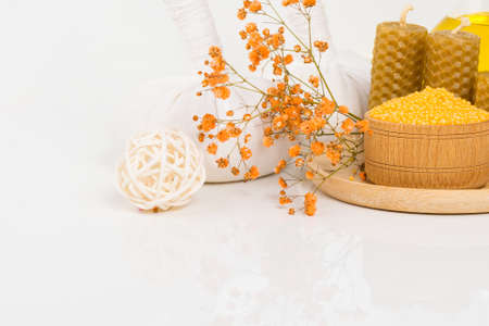 a set of spa treatments and relaxing baths on a light background, below is a place for your letteringの写真素材