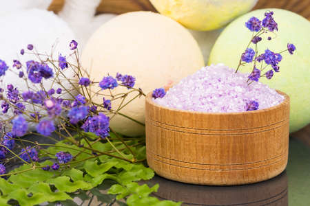 set for relaxing baths with foam and saltの写真素材