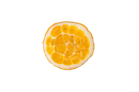 close-up, round piece of sliced dried orange, on a white background