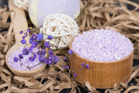 spa background, with purple bath salt with scents of flowers, there is a place for an inscriptionの写真素材
