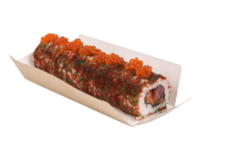 roll with tuna on cardboard package, isolated on whiteの写真素材