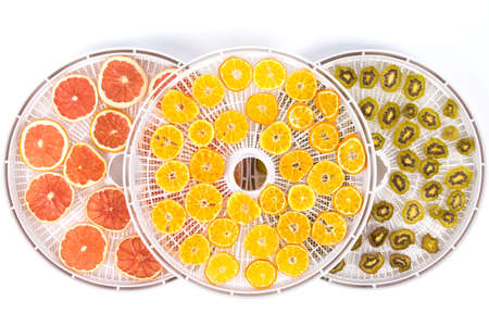 sliced pieces of fruit kiwi, orange, grapefruit, on round grates after drying, in special equipment,...