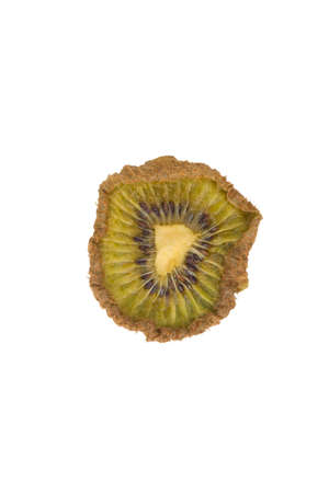 close-up of a dried piece of kiwi fruit, on a white backgroundの写真素材