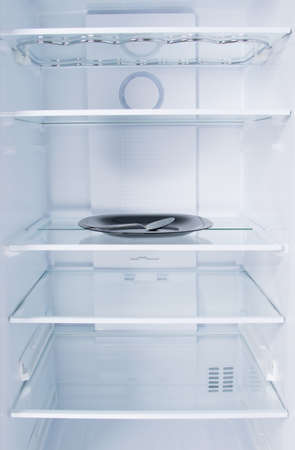 against the background of a white refrigerator, on a glass shelf there is a black plate with a spoonの写真素材
