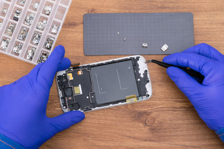 a set of contacts for charging and the process of replacing a connector for a power adapter in a smartphoneの写真素材