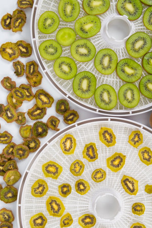 close-up, on round grills, cut fresh and dried kiwi fruitの写真素材