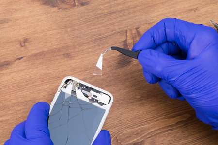 close-up of a smartphone screen repair, on a wooden background, tweezers remove fragments from the caseの写真素材