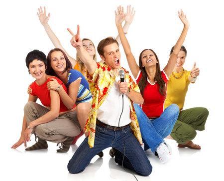 Happy young people signing karaoke. Isolated over white background Happy young people signing karaoke. Isolated over white background