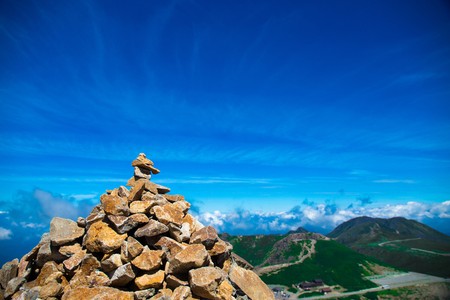 Cairns at the top of the mountainの写真素材