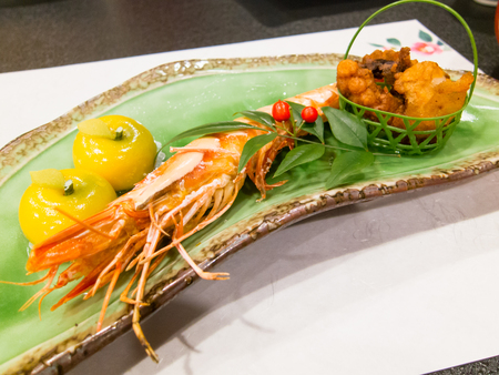 Fried shrimp and chicken dishの写真素材