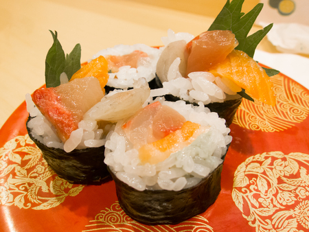 Japanese traditional cuisine Fresh seafood wrapped in rice and seaweedの写真素材