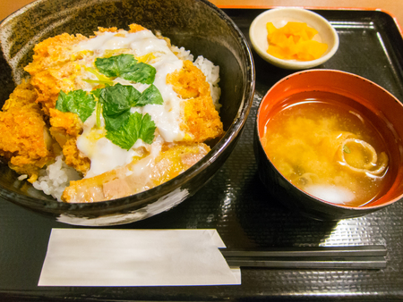 Katsudon Japanese meal, fried pork with eggの写真素材