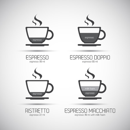 Set of coffee cups with a description of the type of coffee (espresso, dopio, ristretto, macchiato), vector illustrationのイラスト素材
