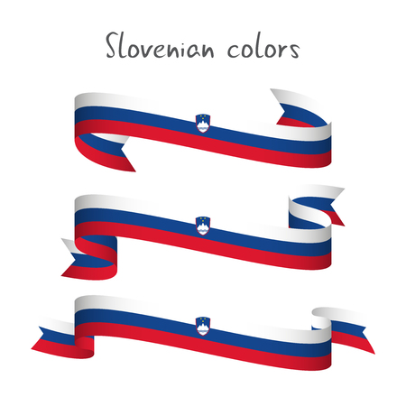 Set of three modern colored vector ribbon with the Slovenian tricolor isolated on white background, abstract Slovenian flag, Made in Slovenia logoのイラスト素材
