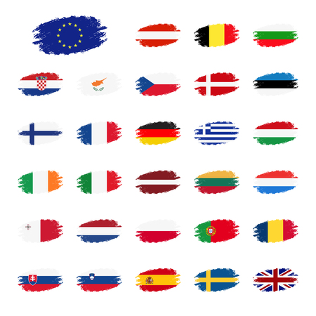Set of flags of the European Union countries, flag in apperance streaks, set grunge flags, vector illustrations isolated on white backgroundのイラスト素材