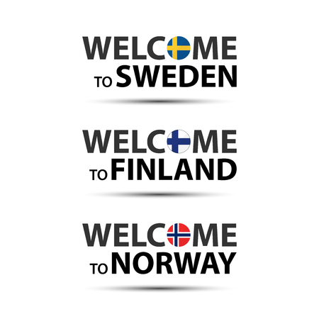 Welcome to Sweden, welcome to Finland and welcome to Norway highlighting O with symbols of flags isolated on white background, vector illustrationのイラスト素材