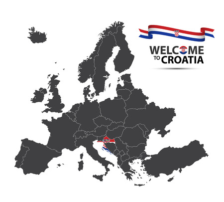 A Vector illustration of a map of Europe with the state of Croatia in the appearance of the Croatian flag and Croatian ribbon isolated on a white backgroundのイラスト素材