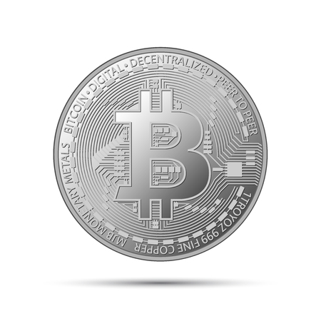 Silver bitcoin coin, crypto currency silver symbol isolated on grey background, realistic vector illustration for your infographic, page, leaflet, blockchain technologyのイラスト素材