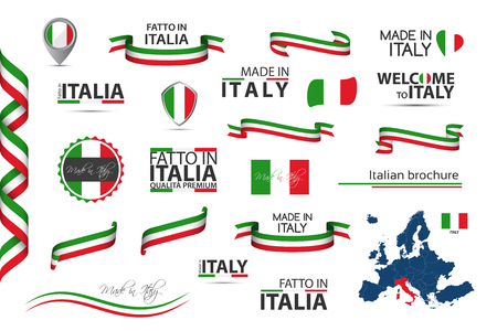 Big set of Italian ribbons, symbols, icons and flags isolated on a white background, Made in Italy, Welcome to Italy, premium quality, Italian tricolor, set for your infographics and templatesのイラスト素材
