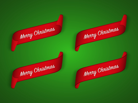 Set of four modern red christmas ribbons on green background, merry christmas vector illustrationのイラスト素材