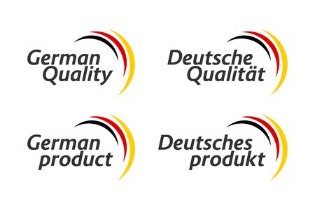 Set of four German icons, German Quality and German product in English and German, premium quality stickers and symbols, simple vector illustration isolated on white background, Made in Germanyのイラスト素材