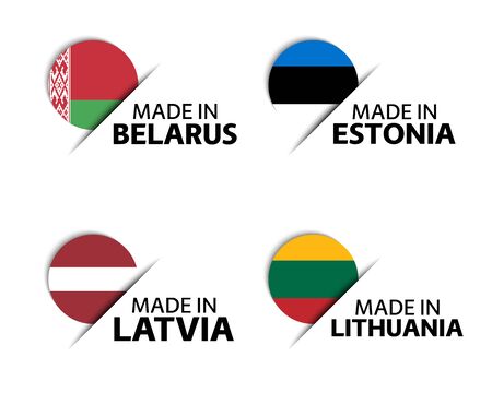 Set of four Belarussian, Estonian, Latvian and Lithuanian stickers. Made in Belarus, Made in Estonia, Made in Latvia and Made in Lithuania. Simple icons with flags isolated on a white backgroundのイラスト素材