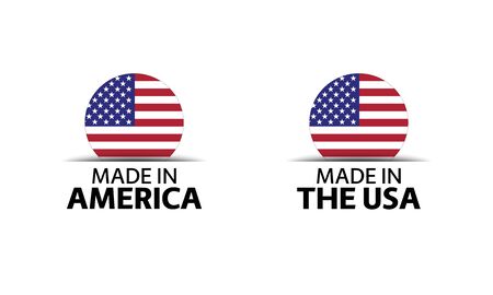 Set of two modern vector American stickers. Made in USA. Simple icons with American flags isolated on a white backgroundのイラスト素材