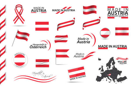 Big vector set of Austrian ribbons, symbols, icons and flags isolated on a white background. Made in Austria, premium quality, Austrian national colors. Set for your infographics and templatesのイラスト素材