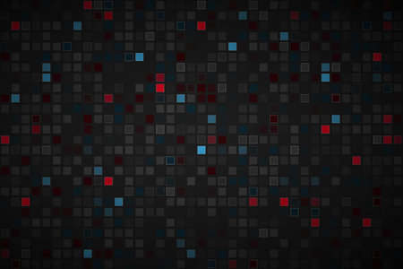 Black abstract background with different transparent squares. Red, blue and grey mosaic look. Modern vector illustrationのイラスト素材