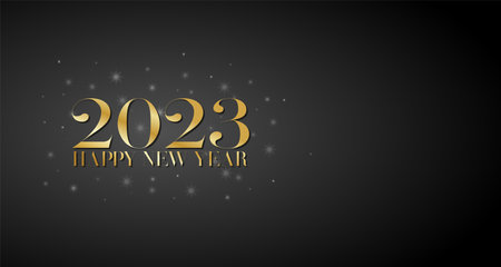 Happy new year 2023. Gold inscription with snowflakes on black background. Holiday greeting card,...