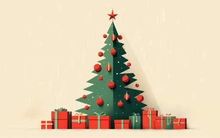 Simple Merry Christmas holiday background. Christmas tree with gifts. Traditional celebration winter time holiday card. New Year postcardの素材