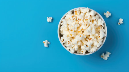 White bowl with popcorn on blue background. Crispy classic popcorn snack. Concept home theater. Top view.の素材