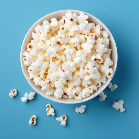 White bowl with popcorn on blue background. Crispy classic popcorn snack. Concept home theater. Top view.の素材