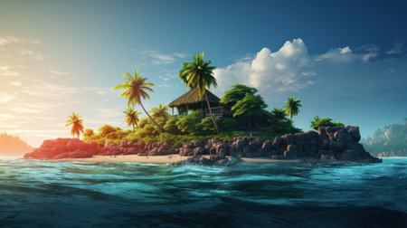 Whole tropical island in the ocean. Inhabited subtropical isle with palm trees and white sand.の素材