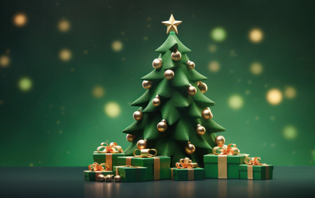 Simple Christmas tree decorated with balls and gifts on green background. Merry Christmasの素材