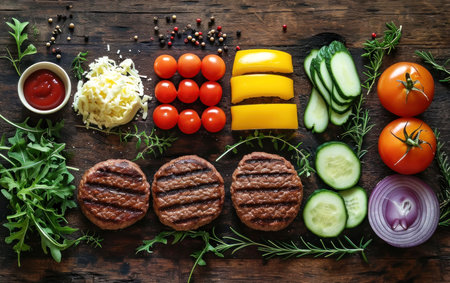 Ingredients for cooking burgers. Top view of delicious hamburger ingredients. Meat, eggs, bacon, fresh vegetables. Generative AIの素材