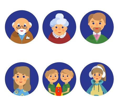 Color set of six avatar icons.Households, cheerful, friendly family, elderly and younger.Vector illustration, flat style on white background, cartoonのイラスト素材