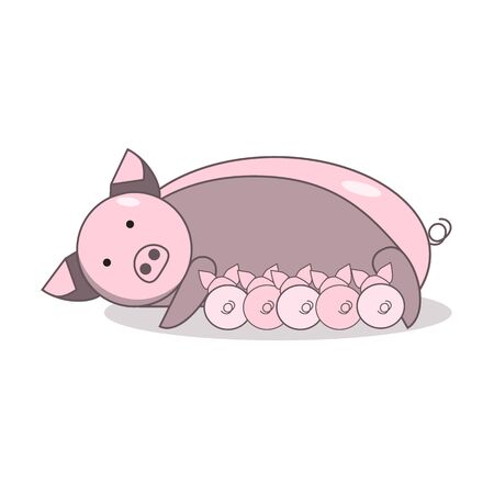 Pig feeding piglets, vector flat illustration on white isolated backgroundのイラスト素材