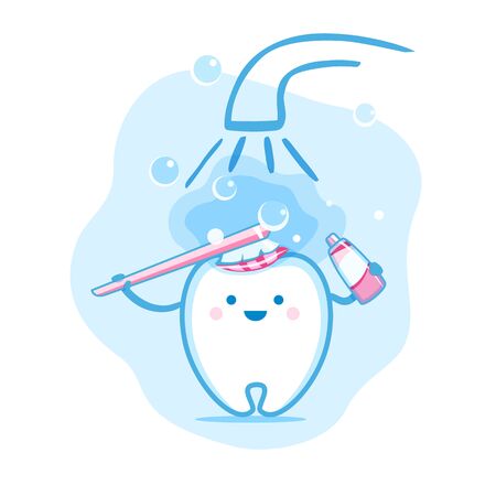 Cute happy smiling tooth with toothbrush and toothpaste washes. Vector modern flat illustration on white isolated background. Brush teeth. Dental treatment of childrenのイラスト素材