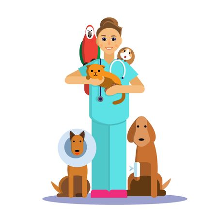 Illustration of female veterinarian with cute pet, dog, cat, Guinea pig and parrot.のイラスト素材